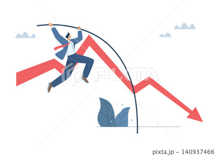 Overcoming financial problems, Jumping over the recession, Coping with risks, Concepts for dealing with uncertain events, Businessman pole vaulting over a falling graph. Vector design illustration. Overcoming financial problems, Jumping over the recession, Coping with risks, Concepts for dealing with uncertain events, Businessman pole vaulting over a falling graph. Vector design illustration. 140937466