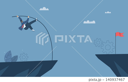 Overcoming difficulties, Overcome great obstacles, Challenges to achieve business goals, Step up to growth, Businessman pole vault over cliff gaps to success. Vector design illustration. Overcoming difficulties, Overcome great obstacles, Challenges to achieve business goals, Step up to growth, Businessman pole vault over cliff gaps to success. Vector design illustration. 140937467