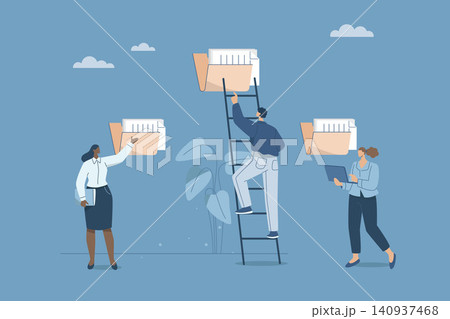 Document management, office files, Business documents, Information storage concept. Business men and women work to store various important documents. Vector design illustration. Document management, office files, Business documents, Information storage concept. Business men and women work to store various important documents. Vector design illustration. 140937468