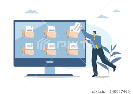 Document management, office files, Business documents, Information storage concept. Businessman stores various important documents on the computer. Vector design illustration. Document management, office files, Business documents, Information storage concept. Businessman stores various important documents on the computer. Vector design illustration. 140937469