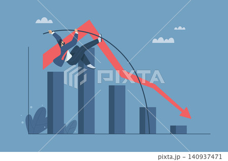 Jumping over the recession, Stocks fall, Overcoming financial problems, Coping with risks, Concepts for dealing with uncertain events, Businessman pole vaulting over a falling graph. Vector design. 140937471