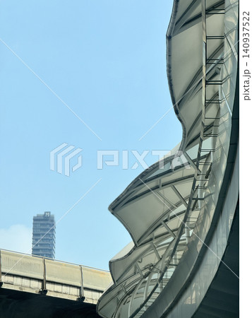 Architectural Low Angle View Of Flyover Roof And Train Tracks Architectural Low Angle View Of Flyover Roof And Train Tracks 140937522