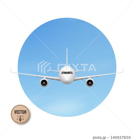Vector 3d Airplane Front View. Airplane Icon, Airplane Illustration of a Passenger Aircraft in a Blue Circle Isolated. Aviation, Travel, Airline and Airport Design Vector 3d Airplane Front View. Airplane Icon, Airplane Illustration of a Passenger Aircraft in a Blue Circle Isolated. Aviation, Travel, Airline and Airport Design 140937650