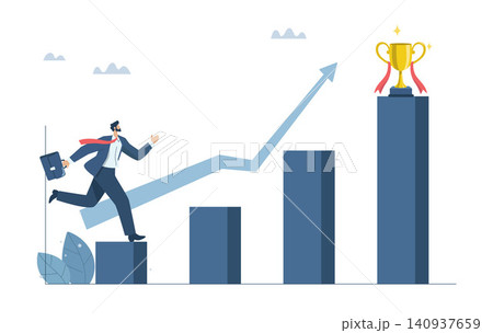 Business growth or progress, Development, Inspiration to work towards goals, Incentive to drive success, Businessman running on a growing graph to victory with a trophy. Vector design illustration. 140937659