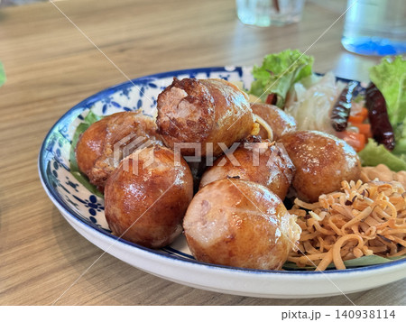 Low Angle Shot Of Traditional Thai Grilled Sausages 140938114