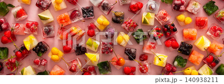 Ice cubes with frozen berries and fruits and mint on a red background, banner Ice cubes with frozen berries and fruits and mint on a red background, banner 140938211