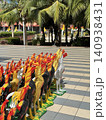 High Angle Long Shot Of Sacred Rooster Figurines At Temple Plaza 140938431