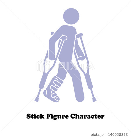 Stick figure character with broken leg walking on crutches medical recovery vector icon 140938858