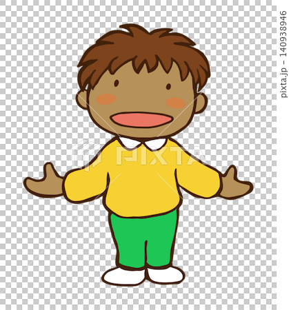 A dark-skinned boy stands with his arms outstretched. A dark-skinned boy stands with his arms outstretched. 140938946