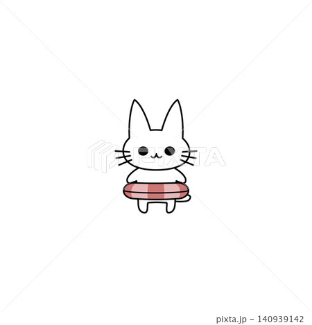 ピンクの浮き輪をつけたかわいい白猫の子猫の夏イラスト ピンクの浮き輪をつけたかわいい白猫の子猫の夏イラスト 140939142
