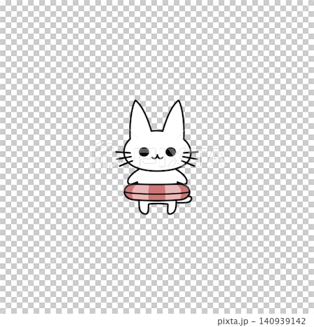 ピンクの浮き輪をつけたかわいい白猫の子猫の夏イラスト ピンクの浮き輪をつけたかわいい白猫の子猫の夏イラスト 140939142