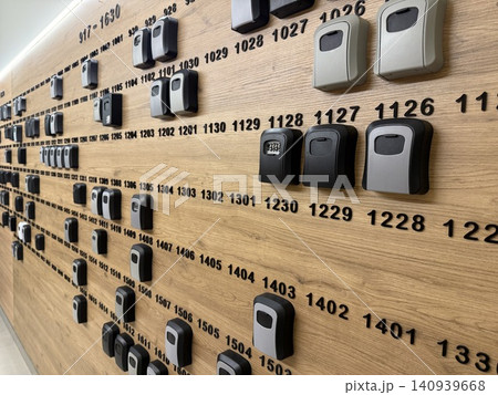 Wall with electronic locks and numbered key boxes for secure access management systems background Wall with electronic locks and numbered key boxes for secure access management systems background 140939668