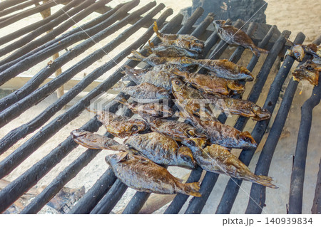Piranha fish, Pygocentrus nattereri, roasted and smoked over wooden stakes Piranha fish, Pygocentrus nattereri, roasted and smoked over wooden stakes 140939834