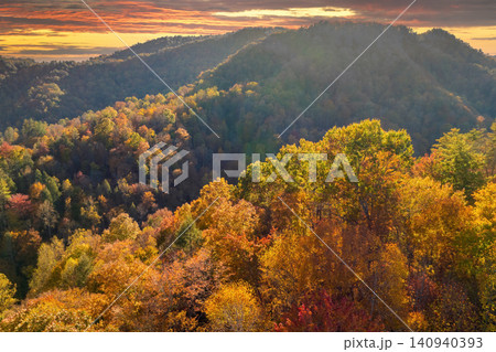 Appalachian mountain hills on autumn evening with brightly illuminated lush and pine woods at fall season. Autumnal landscape of beautiful nature 140940393