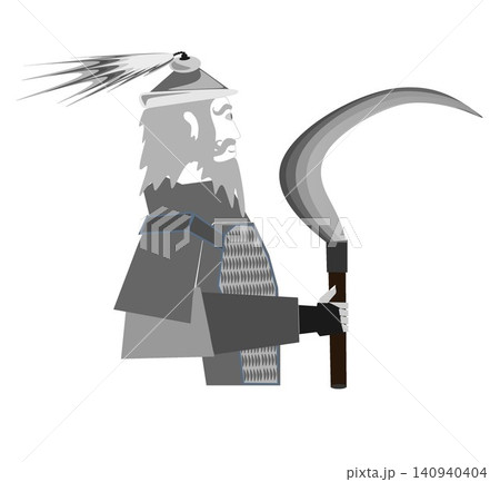 Medieval Warrior General in Armor Holding Sickle Weapon Isolated on White Background 140940404