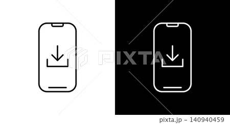 ダウンロードマークが表示されたスマホ画面のアイコン。モノクロベクターイラストセット ダウンロードマークが表示されたスマホ画面のアイコン。モノクロベクターイラストセット 140940459