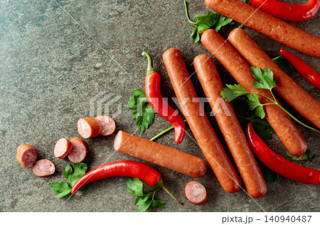 Sausages with red pepper and parsley on a stone table. 140940487