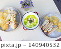 Close-up of a warm bowl of creamy broccoli soup garnished with fresh cream 140940532