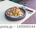 Close-up of a healthy salmon poke bowl with rice and sliced avocado 140940544