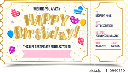 Luxury birthday gift certificate voucher featuring shiny golden typography, festive colorful balloons, and customizable fields for personal messages, perfect for creating upscale surprise presents for 140940550