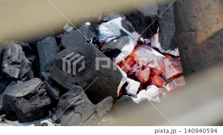 Red glowing fire hot charcoal video. Charcoal sparks. Firewood Free space for text. Red glowing fire hot charcoal video. Charcoal sparks. Firewood Free space for text. 140940594