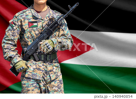 Jordan flag with soldier holding assault rifle Jordan flag with soldier holding assault rifle 140940854
