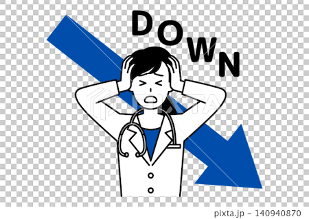一個向下的箭頭,以及一位雙手抱頭、一臉擔憂的女醫生。 一個向下的箭頭,以及一位雙手抱頭、一臉擔憂的女醫生。 140940870