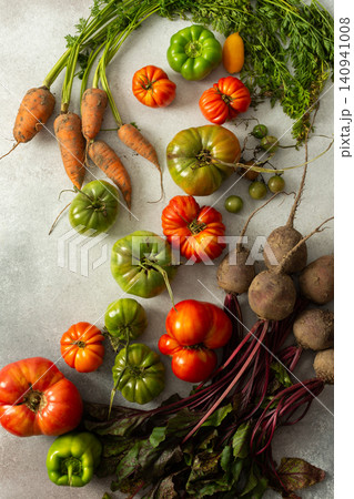 Fresh vegetables from the garden are arranged on a gray surface. The collection includes tomatoes, carrots, beets, and green peppers placed next to each other Fresh vegetables from the garden are arranged on a gray surface. The collection includes tomatoes, carrots, beets, and green peppers placed next to each other 140941008