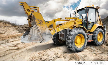 A universal excavator loader operates at a construction site. It digs and moves earth with its front bucket. Dust and debris surround the area 140941088