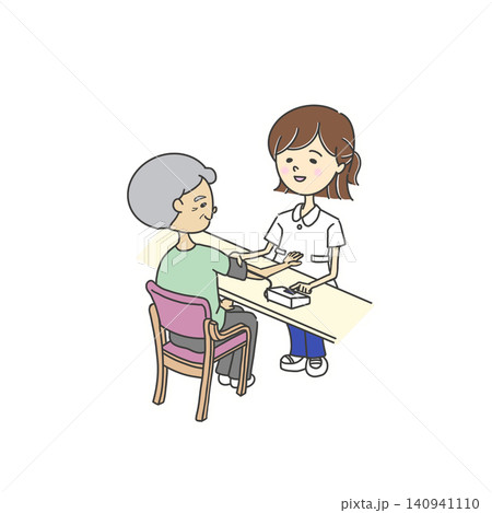 看護師が高齢者の血圧測定をするイラスト/自動血圧計/女性看護師 看護師が高齢者の血圧測定をするイラスト/自動血圧計/女性看護師 140941110
