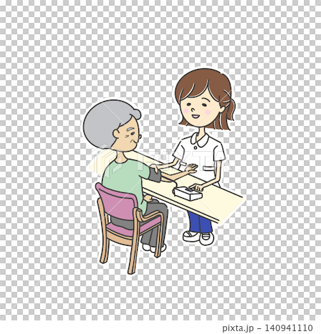 看護師が高齢者の血圧測定をするイラスト/自動血圧計/女性看護師 看護師が高齢者の血圧測定をするイラスト/自動血圧計/女性看護師 140941110
