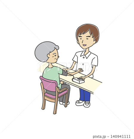 看護師が高齢者の血圧測定をするイラスト/自動血圧計/男性看護師 看護師が高齢者の血圧測定をするイラスト/自動血圧計/男性看護師 140941111