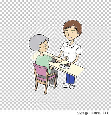 護理師正在為一位老年人測量血壓的插圖 / 自動血壓計 / 男護士 140941111