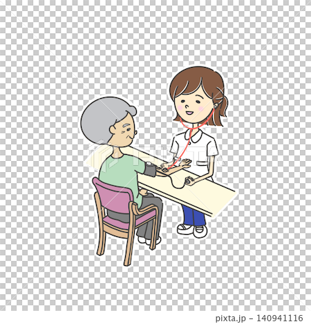 水銀レス血圧計で高齢男性の血圧を測定する女性看護師のイラスト 140941116