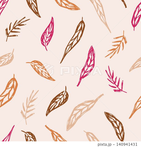 Simple floral gentle calm vector seamless pattern. Brown outline of leaves on a light pink background. for prints of fabric, textile products, clothes. Simple floral gentle calm vector seamless pattern. Brown outline of leaves on a light pink background. for prints of fabric, textile products, clothes. 140941431