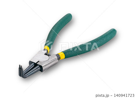 High angle view of heavy duty internal snap ring pliers or circlip pliers with green handle High angle view of heavy duty internal snap ring pliers or circlip pliers with green handle 140941723