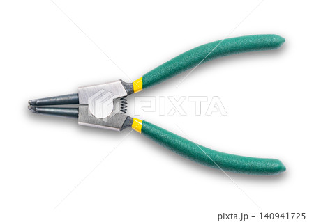 Top view of heavy duty internal snap ring pliers or circlip pliers with green handle Top view of heavy duty internal snap ring pliers or circlip pliers with green handle 140941725