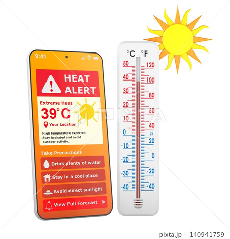 Heat alert smartphone app with thermometer and sun icon. 3D rendering Heat alert smartphone app with thermometer and sun icon. 3D rendering 140941759
