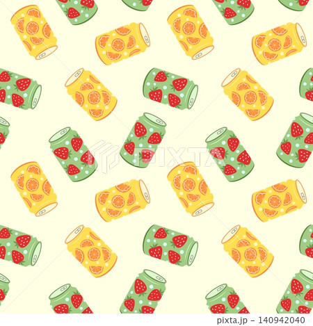 Fruit soda cans vector seamless pattern illustration. Green and yellow aluminum cans of refreshing summer strawberry and citrus orange drink on light background. Cute seltzer beverage repeat tile Fruit soda cans vector seamless pattern illustration. Green and yellow aluminum cans of refreshing summer strawberry and citrus orange drink on light background. Cute seltzer beverage repeat tile 140942040