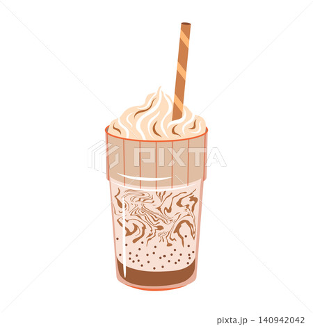 Iced coffee vector illustration. Delicious frappe coffee drink with caramel swirl, whipped cream in a glass with straw isolated on white background. Mocha beverage cartoon clipart for menu design Iced coffee vector illustration. Delicious frappe coffee drink with caramel swirl, whipped cream in a glass with straw isolated on white background. Mocha beverage cartoon clipart for menu design 140942042
