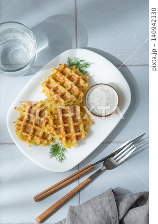 Vegetarian potato waffles with natural yogurt and dill on a plate on a tile background  140942130