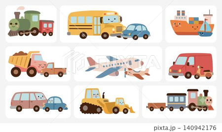 Collection of cute cartoon vehicles including trains, buses, cars, ships, trucks, airplanes, vans, and construction vehicles for kids. Collection of cute cartoon vehicles including trains, buses, cars, ships, trucks, airplanes, vans, and construction vehicles for kids. 140942176