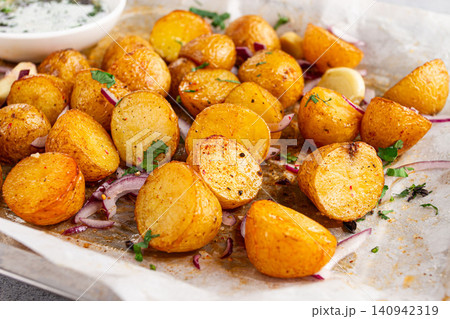 young baked potatoes, with chopped herbs and onions, cooked on a baking sheet, in the kitchen young baked potatoes, with chopped herbs and onions, cooked on a baking sheet, in the kitchen 140942319