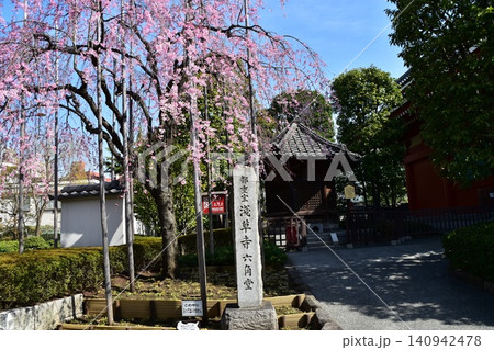 日本の東京 春の浅草 浅草寺最古の木造建造物の六角堂 満開の枝垂桜と美しい青空 日本の東京 春の浅草 浅草寺最古の木造建造物の六角堂 満開の枝垂桜と美しい青空 140942478