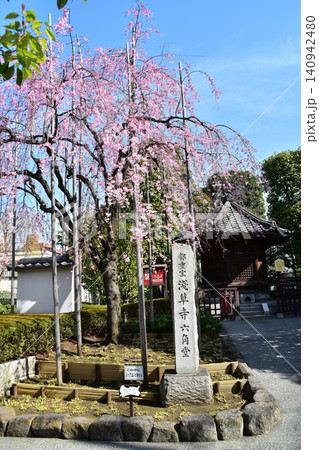 日本の東京 春の浅草 浅草寺最古の木造建造物の六角堂 満開の枝垂桜と美しい青空 日本の東京 春の浅草 浅草寺最古の木造建造物の六角堂 満開の枝垂桜と美しい青空 140942480
