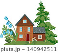 Cozy brown house in the meadow with fir tree, flowers, and a ginger cat vector illustration 140942511