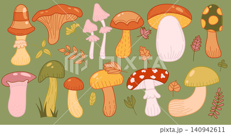 Mushroom illustration nature with vector forest design and autumn food isolated. Set fungi plant with art mushroom fall and organic cute drawing. Background graphic mushroom with natural Mushroom illustration nature with vector forest design and autumn food isolated. Set fungi plant with art mushroom fall and organic cute drawing. Background graphic mushroom with natural 140942611