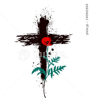 religious cross with flowers. Red poppies. Hand drawn. Not AI, vector illustration 140942684