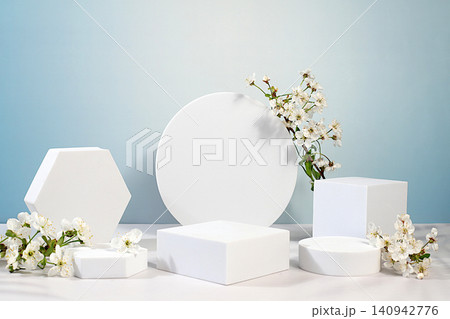 Beautiful banner with cherry blossoms and empty, varied product display stands, design template and display. Abstract floral arrangement for a product display business card,Minimal modern aesthetics Beautiful banner with cherry blossoms and empty, varied product display stands, design template and display. Abstract floral arrangement for a product display business card,Minimal modern aesthetics 140942776