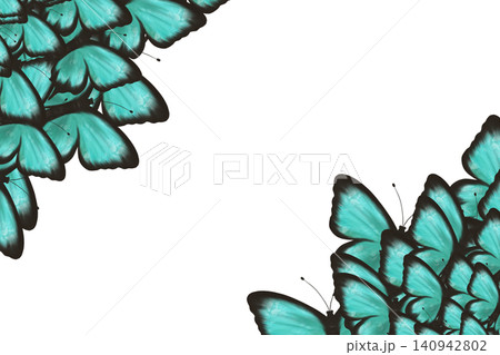 Turquoise butterfly corner frame with elegant wings and generous copy space. Decorative nature template for invitations, greeting cards, wedding stationery, posters, and branding 140942802
